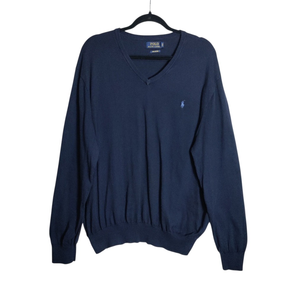 Polo Ralph Lauren Men XXL Navy Blue Pima Cotton V-Neck Pullover Sweater